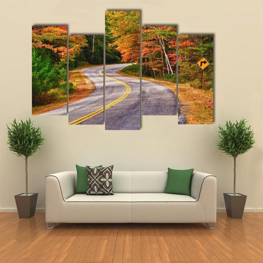 Winding Road Curves Through Autumn Trees Canvas Wall Art-5 Pop-Gallery Wrap-47" x 32"-Tiaracle