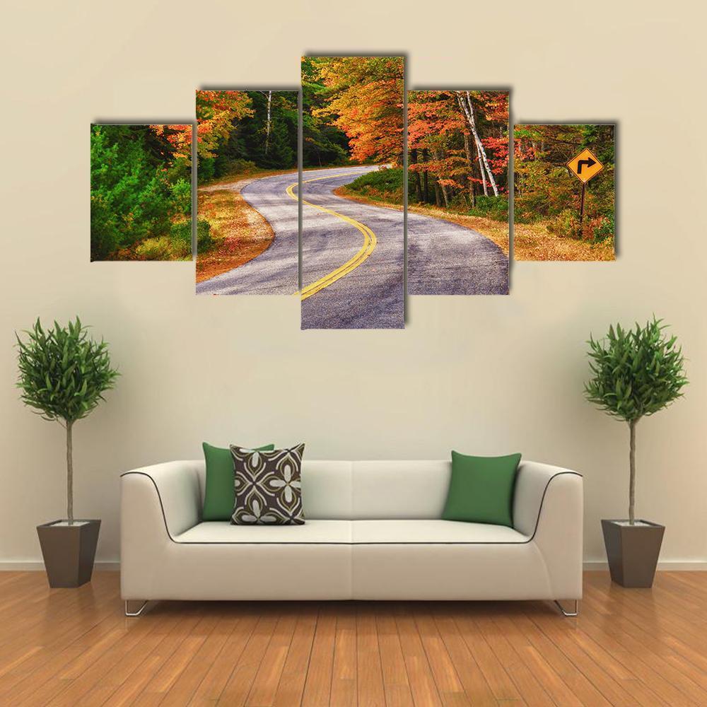 Winding Road Curves Through Autumn Trees Canvas Wall Art-5 Pop-Gallery Wrap-47" x 32"-Tiaracle