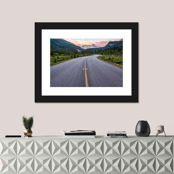 Winding Road Leads To Beautiful Sunset Canvas Wall Art-1 Piece-Framed Print-20" x 16"-Tiaracle