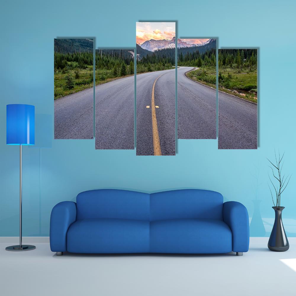 Winding Road Leads To Beautiful Sunset Canvas Wall Art-5 Pop-Gallery Wrap-47" x 32"-Tiaracle