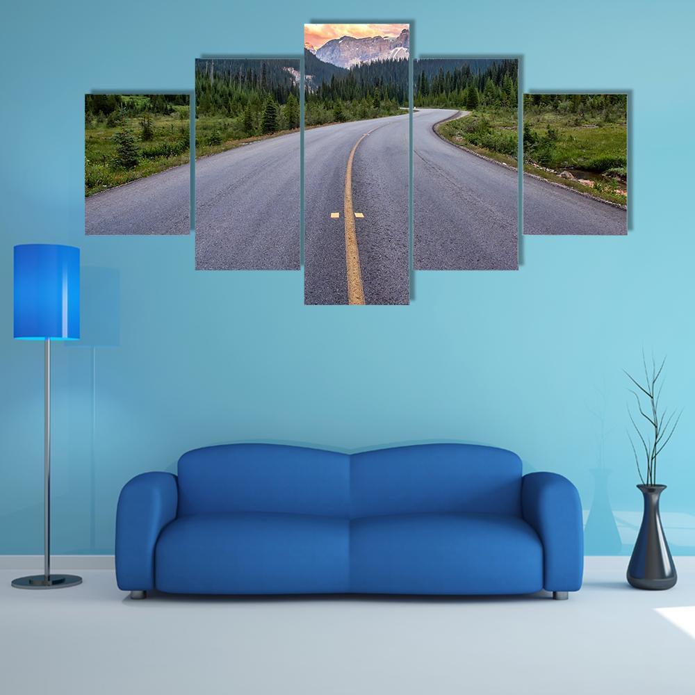 Winding Road Leads To Beautiful Sunset Canvas Wall Art-5 Star-Gallery Wrap-62" x 32"-Tiaracle