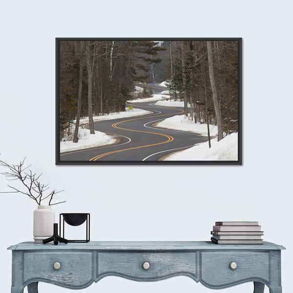 Winding Road Section In Winter Canvas Wall Art-1 Piece-Floating Frame-24" x 16"-Tiaracle