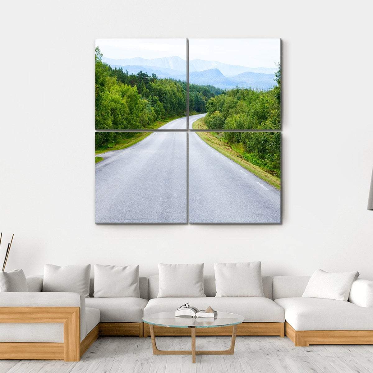 Winding Road Through Green Forest Canvas Wall Art-4 Square-Gallery Wrap-17" x 17"-Tiaracle
