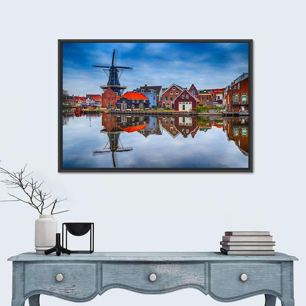Haarlem Windmill and Colorful Houses Canvas Wall Art in brown, red and blue, framed canvas, product view on a white background