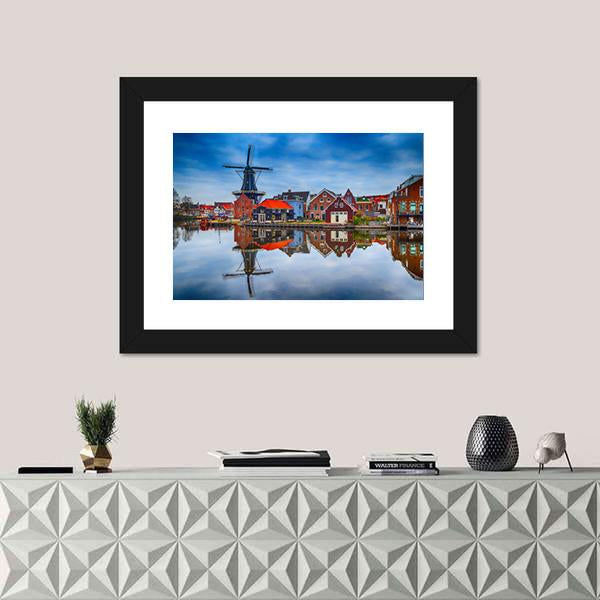 Windmill And Traditional Houses In Haarlem Canvas Wall Art-1 Piece-Framed Print-20" x 16"-Tiaracle