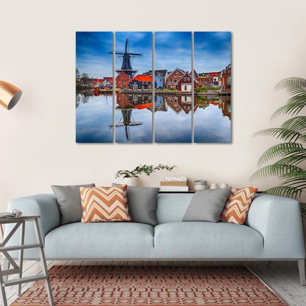 Windmill And Traditional Houses In Haarlem Canvas Wall Art-4 Horizontal-Gallery Wrap-34&quot; x 24&quot;-Tiaracle