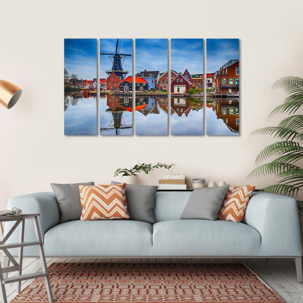 Windmill And Traditional Houses In Haarlem Canvas Wall Art-5 Horizontal-Gallery Wrap-22" x 12"-Tiaracle