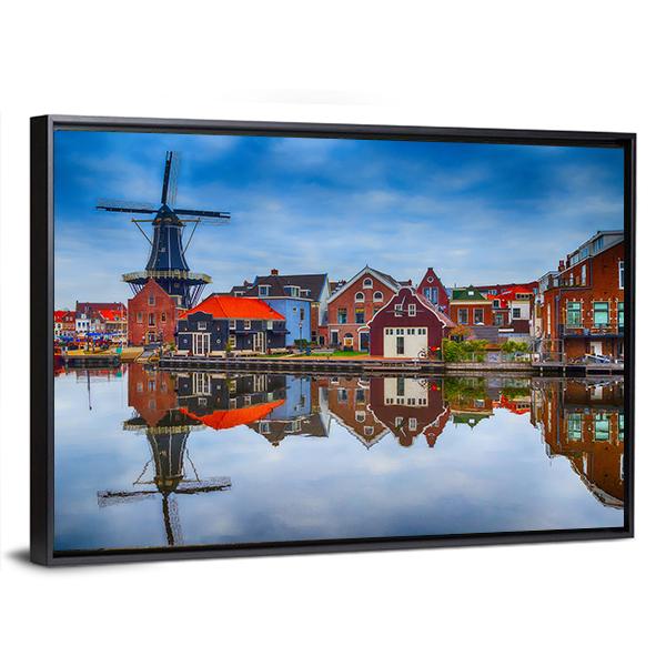 Windmill And Traditional Houses In Haarlem Canvas Wall Art-3 Horizontal-Gallery Wrap-25" x 16"-Tiaracle