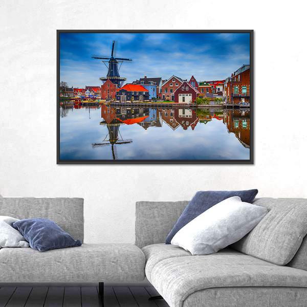 Windmill And Traditional Houses In Haarlem Canvas Wall Art-5 Horizontal-Gallery Wrap-22" x 12"-Tiaracle