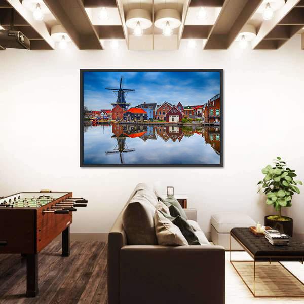 Windmill And Traditional Houses In Haarlem Canvas Wall Art-3 Horizontal-Gallery Wrap-25" x 16"-Tiaracle