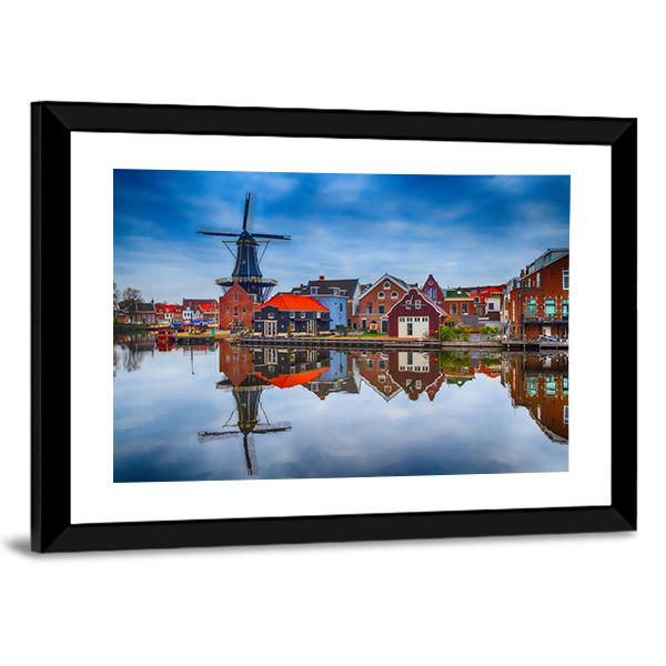 Windmill And Traditional Houses In Haarlem Canvas Wall Art-5 Horizontal-Gallery Wrap-22" x 12"-Tiaracle