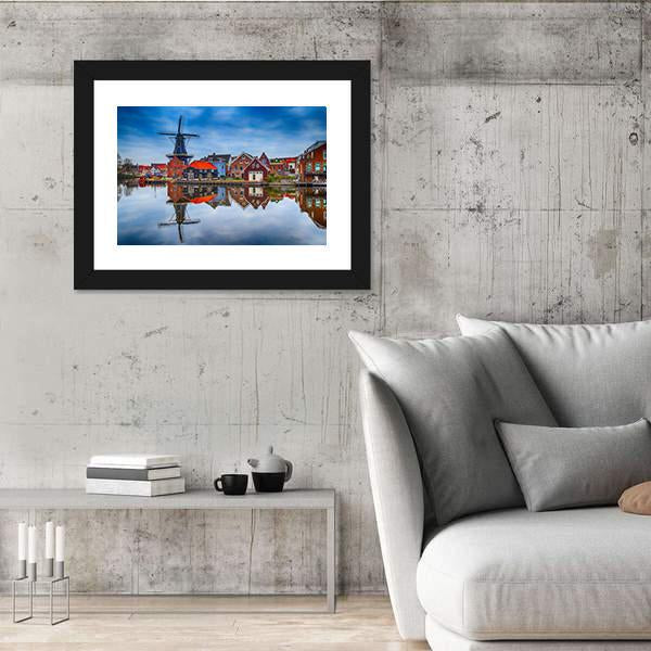 Windmill And Traditional Houses In Haarlem Canvas Wall Art-3 Horizontal-Gallery Wrap-25" x 16"-Tiaracle