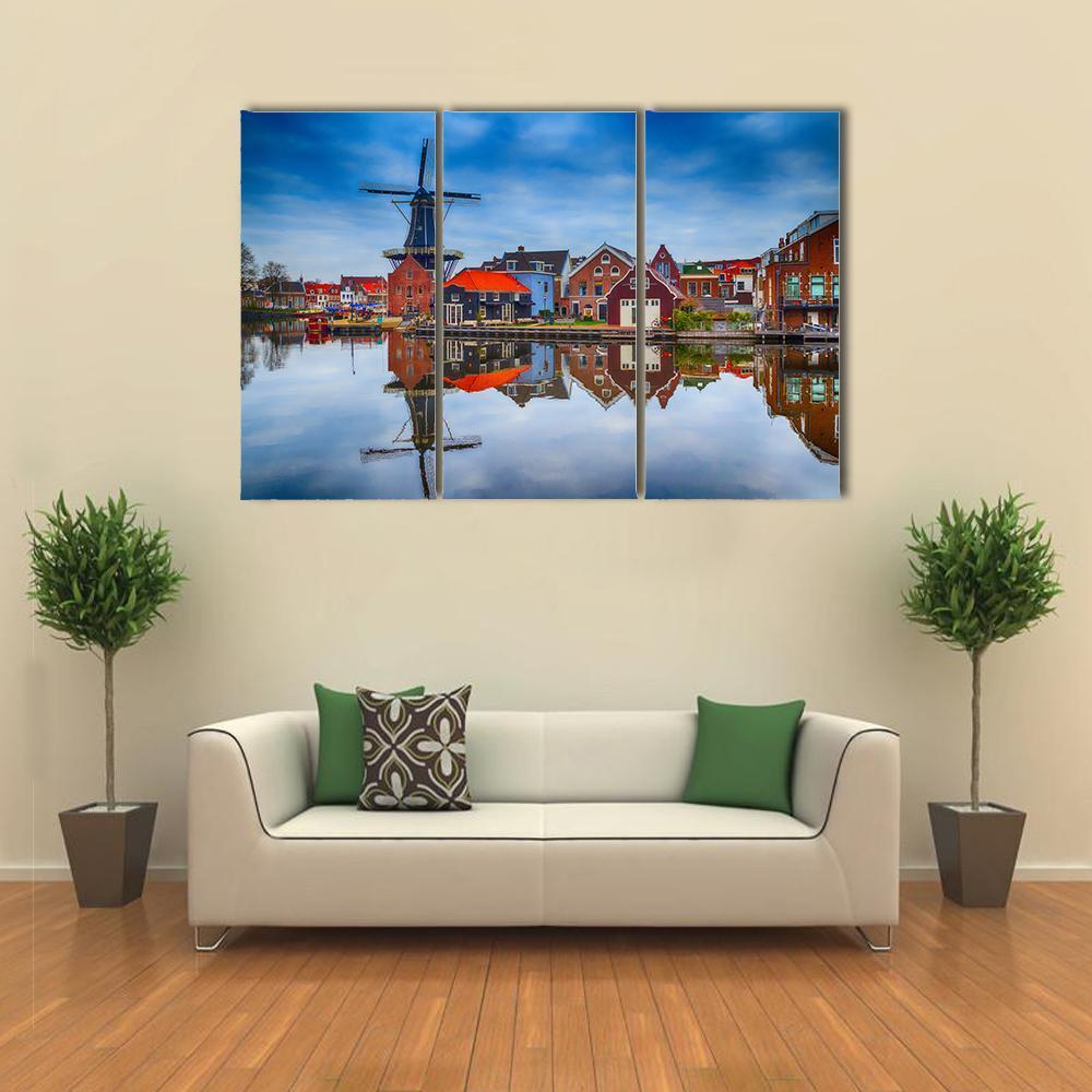 Windmill And Traditional Houses In Haarlem Canvas Wall Art-3 Horizontal-Gallery Wrap-37" x 24"-Tiaracle
