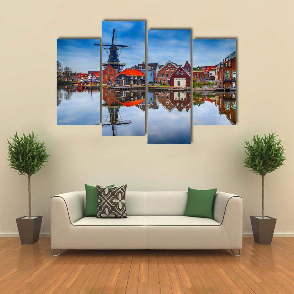 Windmill And Traditional Houses In Haarlem Canvas Wall Art-4 Pop-Gallery Wrap-50" x 32"-Tiaracle