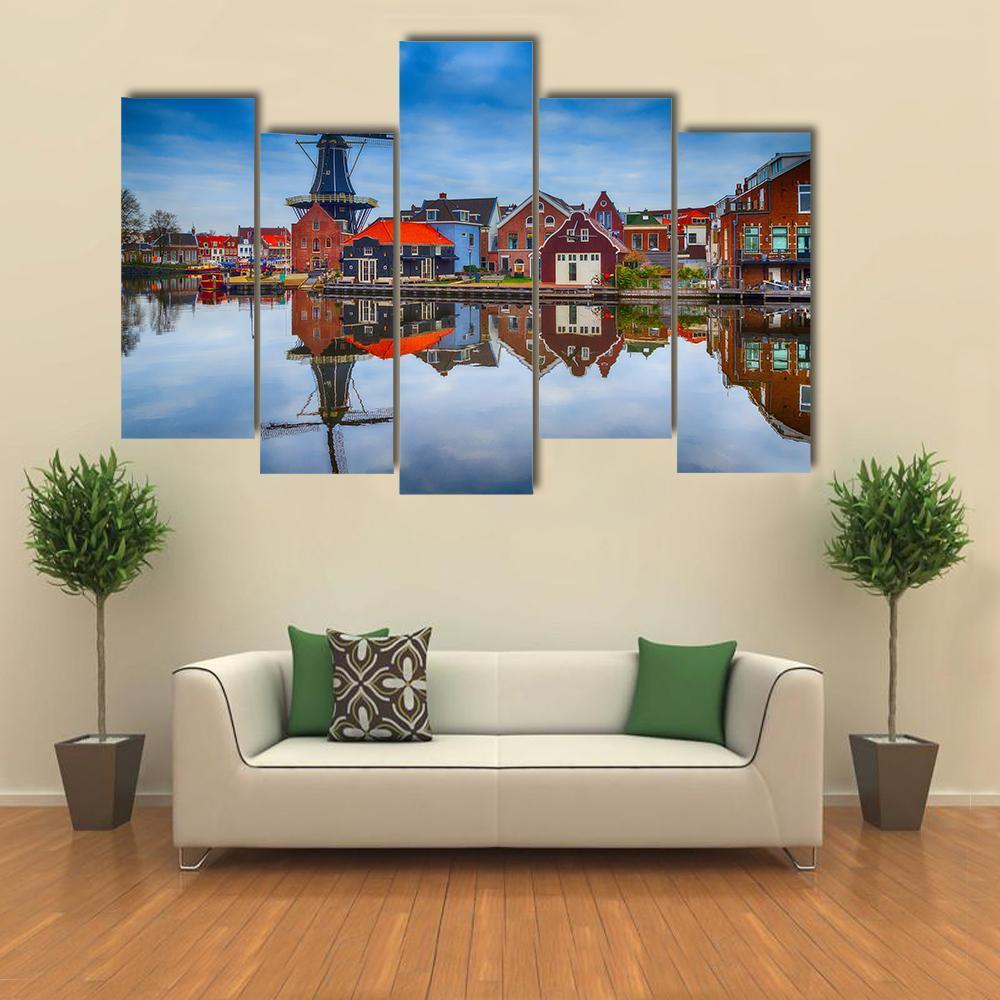 Windmill And Traditional Houses In Haarlem Canvas Wall Art-5 Pop-Gallery Wrap-47" x 32"-Tiaracle