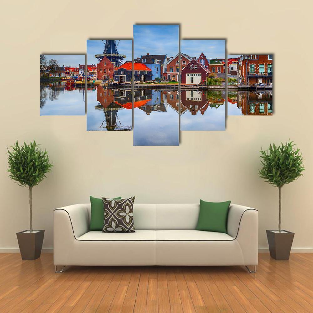 Windmill And Traditional Houses In Haarlem Canvas Wall Art-5 Star-Gallery Wrap-62" x 32"-Tiaracle