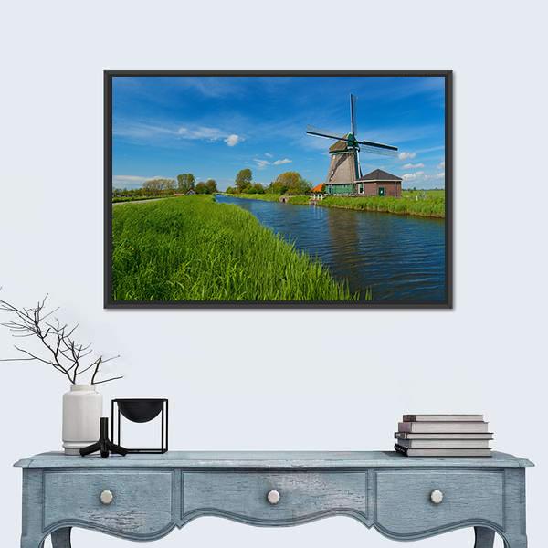 Windmill On The Outskirts Of Amsterdam Canvas Wall Art-1 Piece-Floating Frame-24" x 16"-Tiaracle