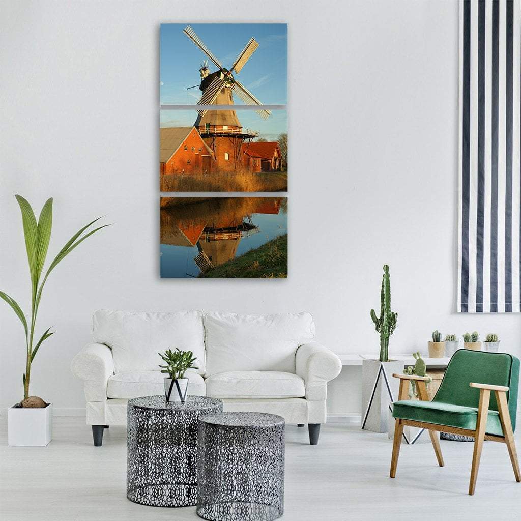Windmill Reflection In Water Vertical Canvas Wall Art-3 Vertical-Gallery Wrap-12" x 25"-Tiaracle