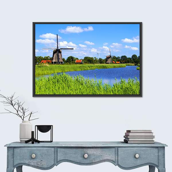 Windmills Along A Canal Near Alkmaar Canvas Wall Art-1 Piece-Floating Frame-24" x 16"-Tiaracle