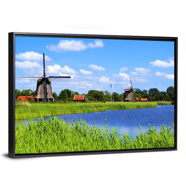 Windmills Along A Canal Near Alkmaar Canvas Wall Art-3 Horizontal-Gallery Wrap-25" x 16"-Tiaracle