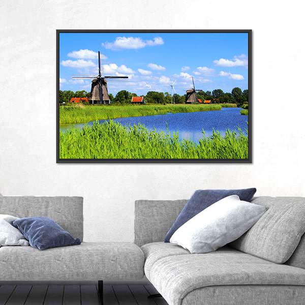 Windmills Along A Canal Near Alkmaar Canvas Wall Art-3 Horizontal-Gallery Wrap-25" x 16"-Tiaracle