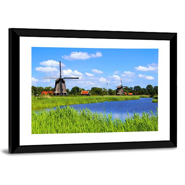 Windmills Along A Canal Near Alkmaar Canvas Wall Art-5 Horizontal-Gallery Wrap-22" x 12"-Tiaracle