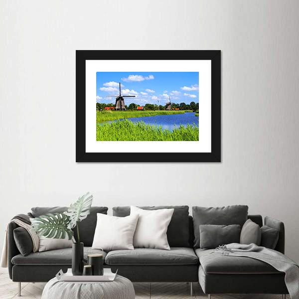 Windmills Along A Canal Near Alkmaar Canvas Wall Art-3 Horizontal-Gallery Wrap-25" x 16"-Tiaracle