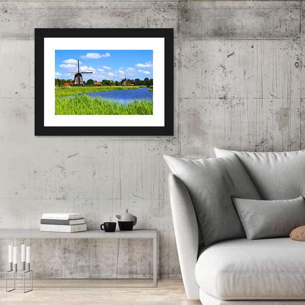 Windmills Along A Canal Near Alkmaar Canvas Wall Art-3 Horizontal-Gallery Wrap-25" x 16"-Tiaracle