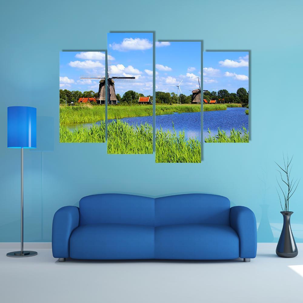 Windmills Along A Canal Near Alkmaar Canvas Wall Art-4 Pop-Gallery Wrap-50" x 32"-Tiaracle