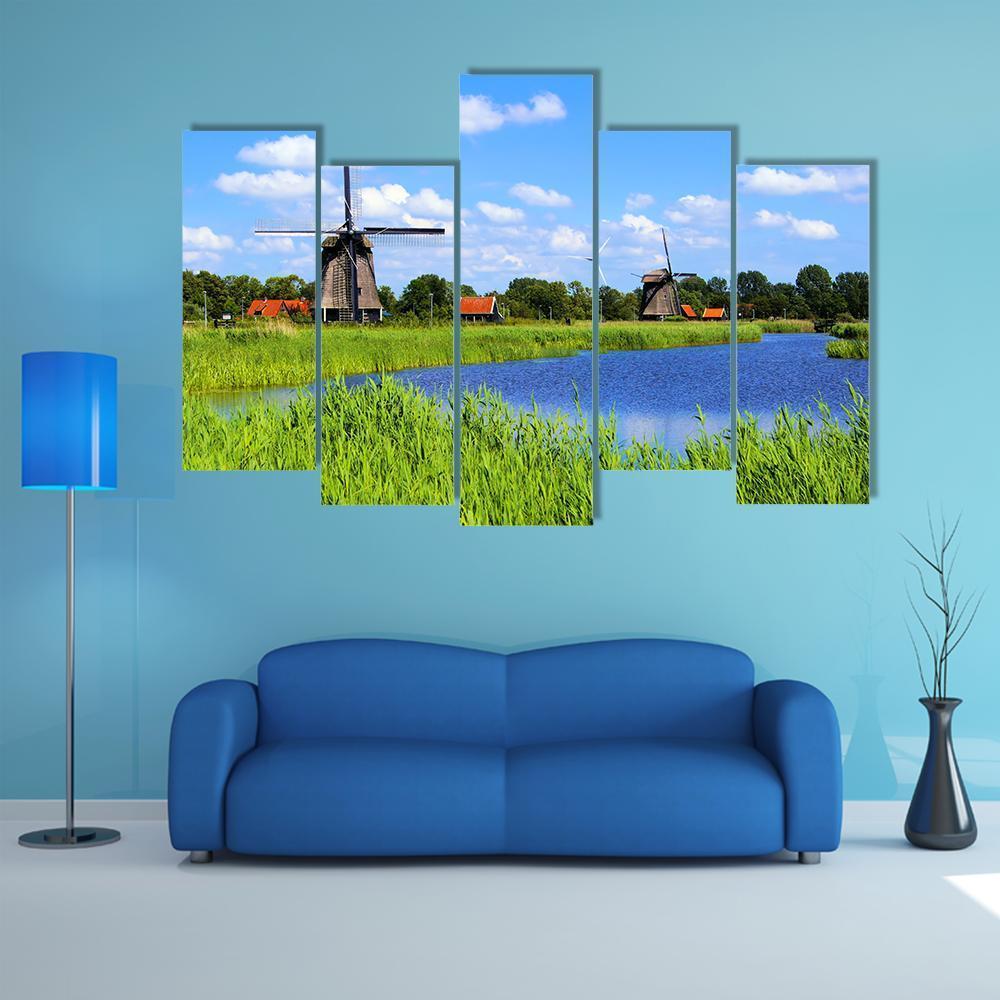 Windmills Along A Canal Near Alkmaar Canvas Wall Art-5 Pop-Gallery Wrap-47" x 32"-Tiaracle