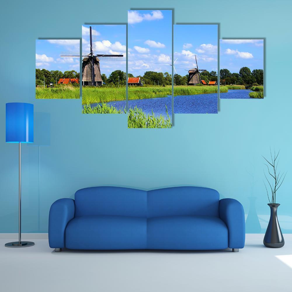 Windmills Along A Canal Near Alkmaar Canvas Wall Art-5 Star-Gallery Wrap-62" x 32"-Tiaracle