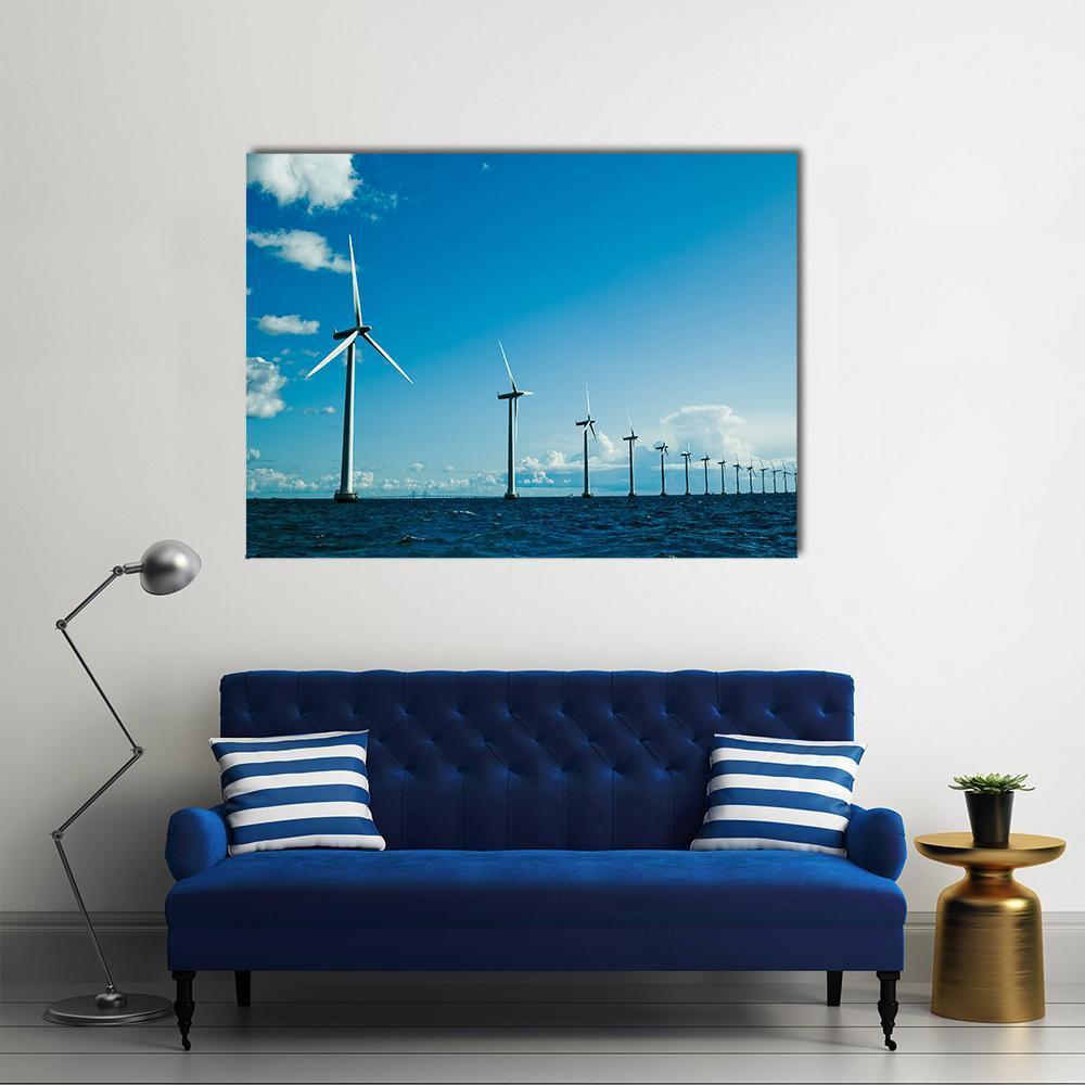 Danish Offshore Wind Turbines Canvas Wall Art in white and blue, single panel hung on a wall
