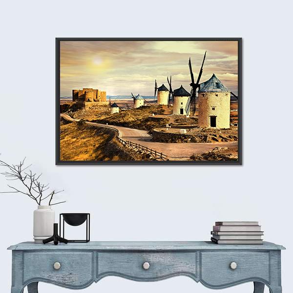 Windmills of Spain at Sunset Canvas Wall Art in beige, brown and yellow, framed canvas, product view on a white background