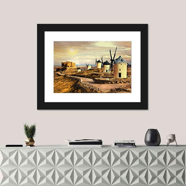 Windmills Of Spain On Sunset Canvas Wall Art-1 Piece-Framed Print-20" x 16"-Tiaracle