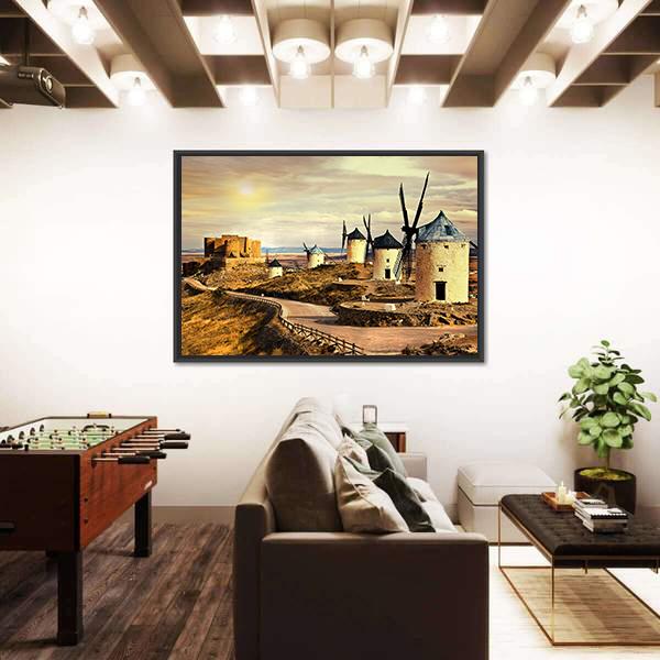 Windmills Of Spain On Sunset Canvas Wall Art-5 Horizontal-Gallery Wrap-22" x 12"-Tiaracle