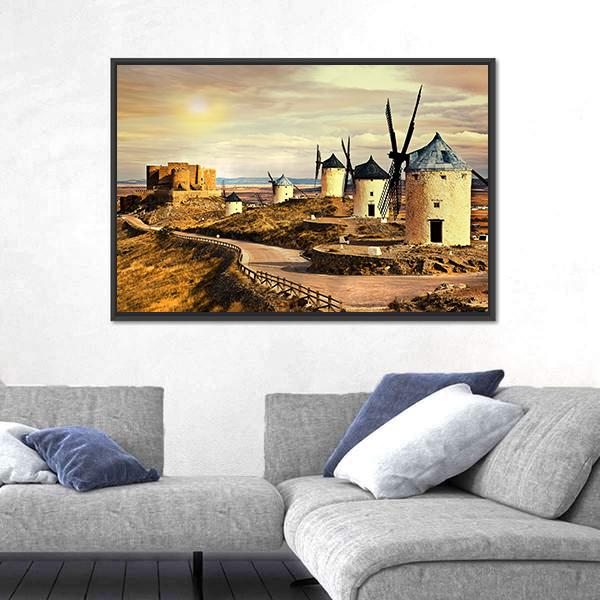 Windmills Of Spain On Sunset Canvas Wall Art-5 Horizontal-Gallery Wrap-22" x 12"-Tiaracle