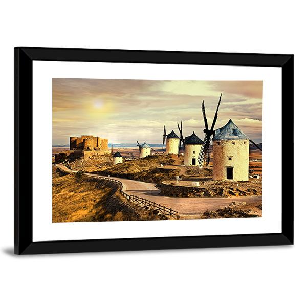 Windmills Of Spain On Sunset Canvas Wall Art-5 Horizontal-Gallery Wrap-22" x 12"-Tiaracle