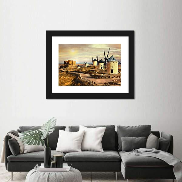 Windmills Of Spain On Sunset Canvas Wall Art-5 Horizontal-Gallery Wrap-22" x 12"-Tiaracle