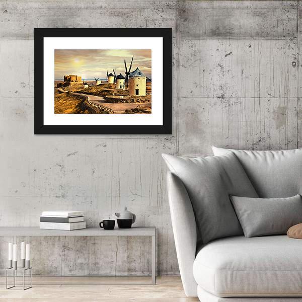 Windmills Of Spain On Sunset Canvas Wall Art-5 Horizontal-Gallery Wrap-22" x 12"-Tiaracle