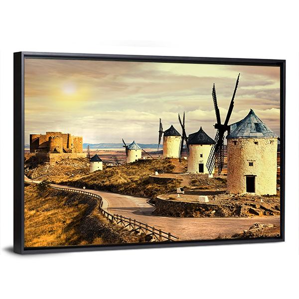 Windmills Of Spain On Sunset Canvas Wall Art-5 Horizontal-Gallery Wrap-22" x 12"-Tiaracle