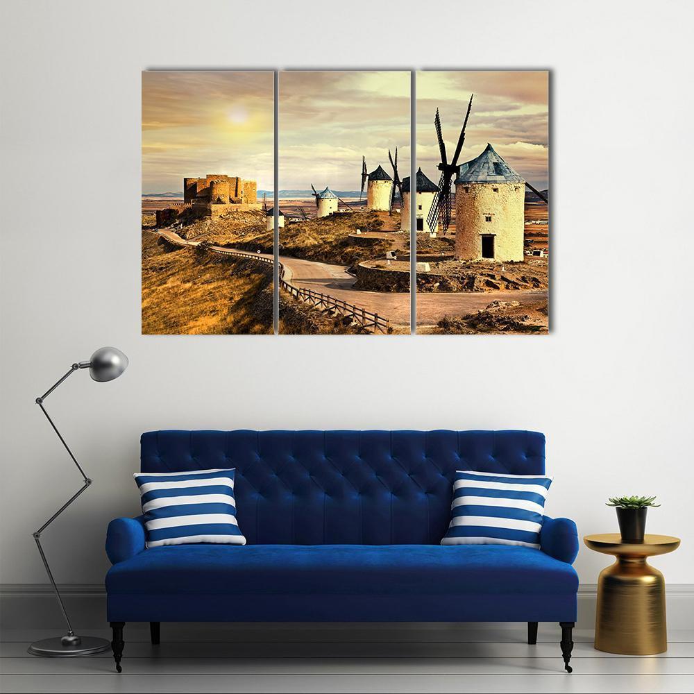 Windmills Of Spain On Sunset Canvas Wall Art-3 Horizontal-Gallery Wrap-37" x 24"-Tiaracle
