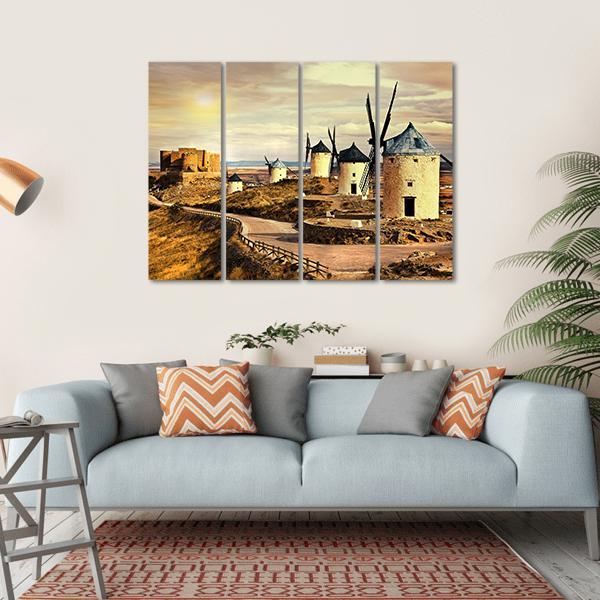 Windmills Of Spain On Sunset Canvas Wall Art-4 Horizontal-Gallery Wrap-34" x 24"-Tiaracle