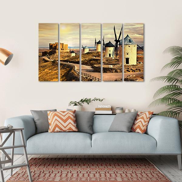 Windmills Of Spain On Sunset Canvas Wall Art-5 Horizontal-Gallery Wrap-22" x 12"-Tiaracle
