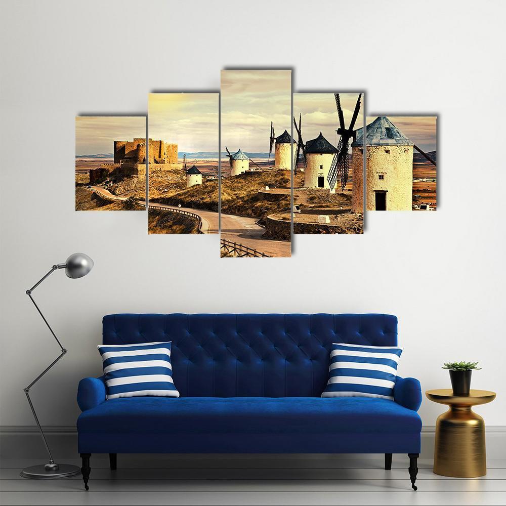 Windmills Of Spain On Sunset Canvas Wall Art-3 Horizontal-Gallery Wrap-37" x 24"-Tiaracle