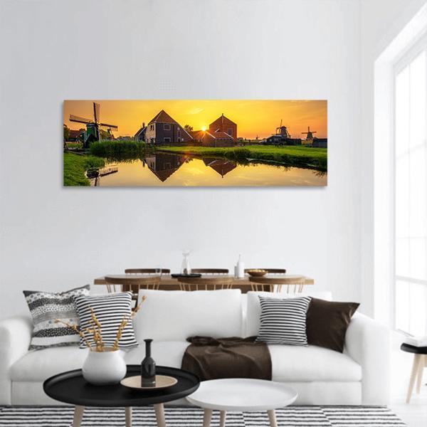 Windmills Of Zaanse Schans Panoramic Canvas Wall Art-1 Piece-36" x 12"-Tiaracle