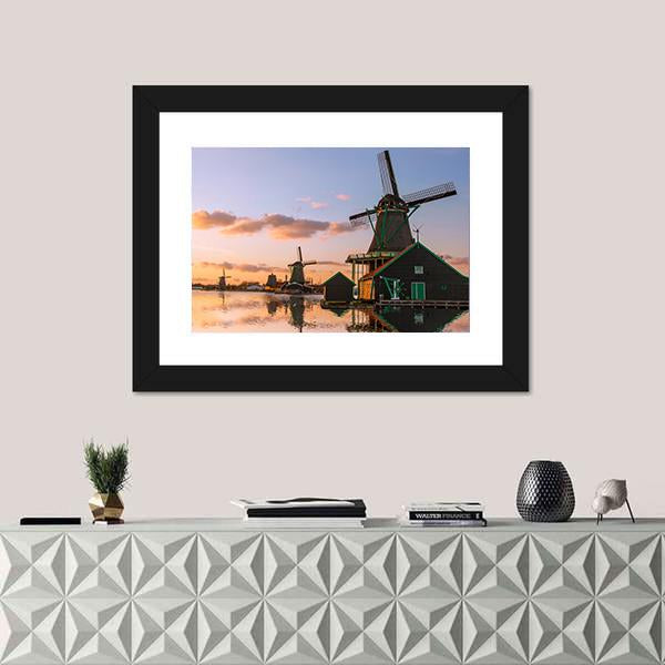 Windmills With Canal Near Amsterdam Canvas Wall Art-1 Piece-Framed Print-20" x 16"-Tiaracle