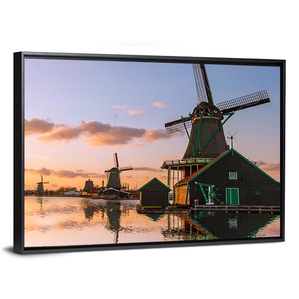Windmills With Canal Near Amsterdam Canvas Wall Art-3 Horizontal-Gallery Wrap-25" x 16"-Tiaracle