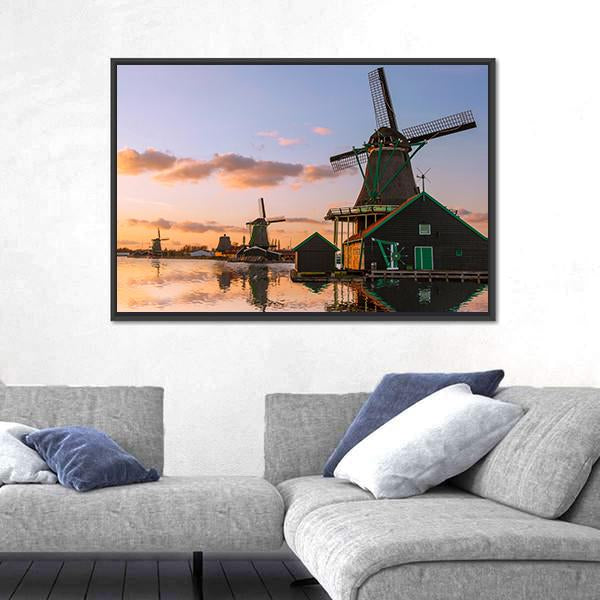 Windmills With Canal Near Amsterdam Canvas Wall Art-5 Horizontal-Gallery Wrap-22&quot; x 12&quot;-Tiaracle