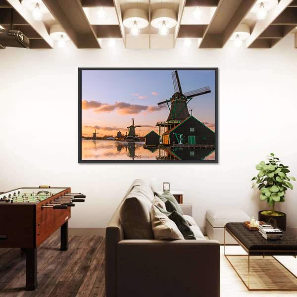 Windmills With Canal Near Amsterdam Canvas Wall Art-3 Horizontal-Gallery Wrap-25" x 16"-Tiaracle