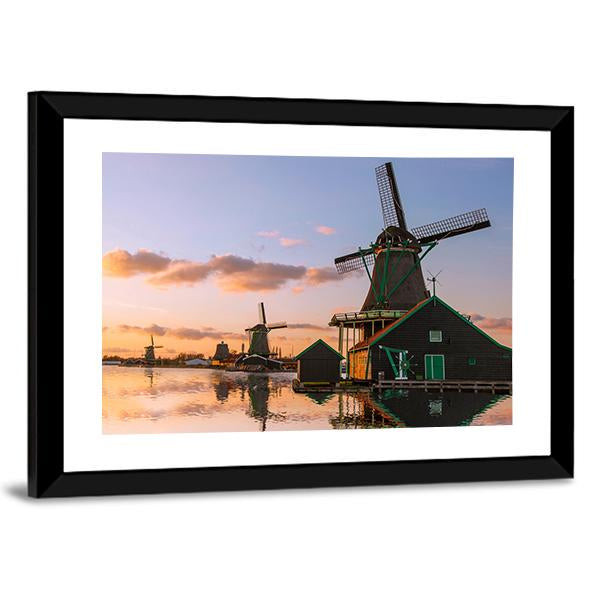 Windmills With Canal Near Amsterdam Canvas Wall Art-3 Horizontal-Gallery Wrap-25" x 16"-Tiaracle